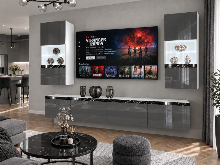 Meblościanka Prestige 200 cm TV/RTV szara połysk Producent IMP P Keanu 7/5/W/S/0/0/CS