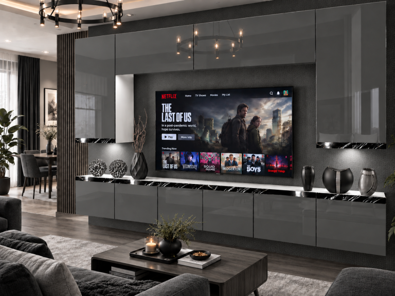 Meblościanka Prestige 300 cm TV/RTV szara połysk Producent IMP P Monroe 2/5/W/S/0/0/CS