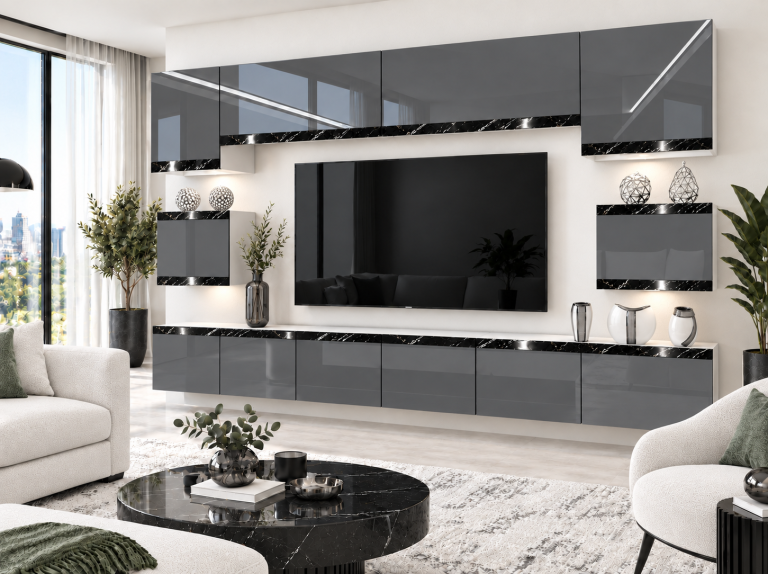 Meblościanka Prestige 300 cm TV/RTV szara połysk Producent IMP P Tarantino 3/5/W/S/0/0/CS