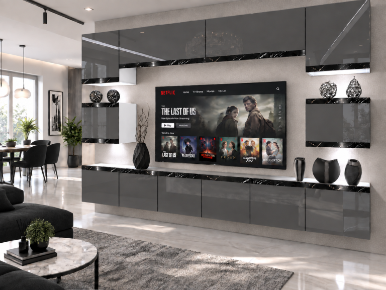 Meblościanka Prestige 300 cm TV/RTV szara połysk Producent IMP P Tarantino 3/5/W/S/0/0/CS