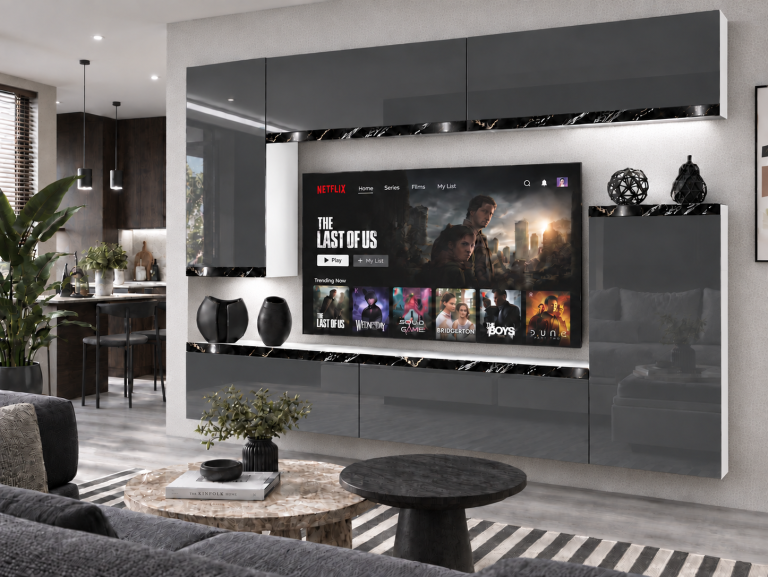Meblościanka Prestige 250 cm TV/RTV szara połysk Producent IMP P Woody 8/5/W/S/0/0/CS