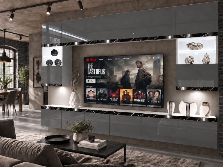 Meblościanka Prestige 300 cm TV/RTV szara połysk Producent IMP P2 Nolan 1/5/W/S/0/0/CS