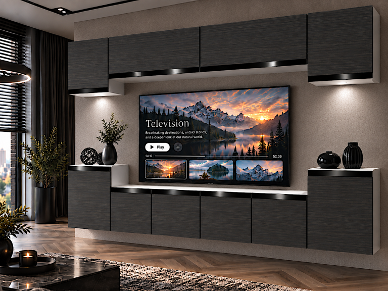 Meblościanka Prestige 300 cm TV/RTV czarna heban Producent IMP P Hepburn 4/5/W/HK/0/0/CP