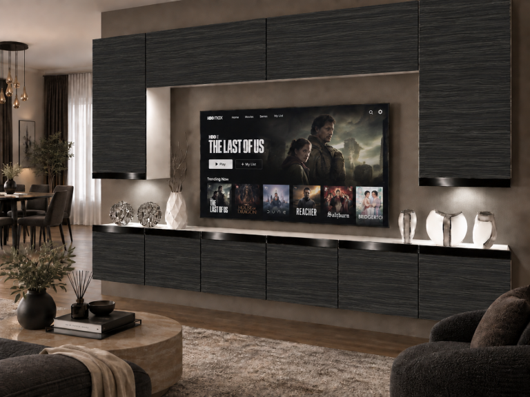 Meblościanka Prestige 300 cm TV/RTV czarna heban Producent IMP P Monroe 2/5/W/HK/0/0/CP