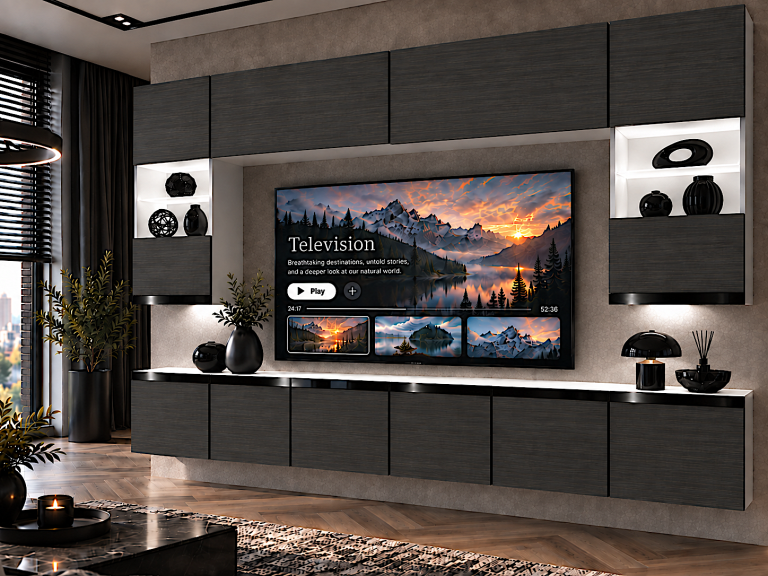 Meblościanka Prestige 300 cm TV/RTV czarna heban Producent IMP P1 Nolan 1/5/W/HK/0/0/CP