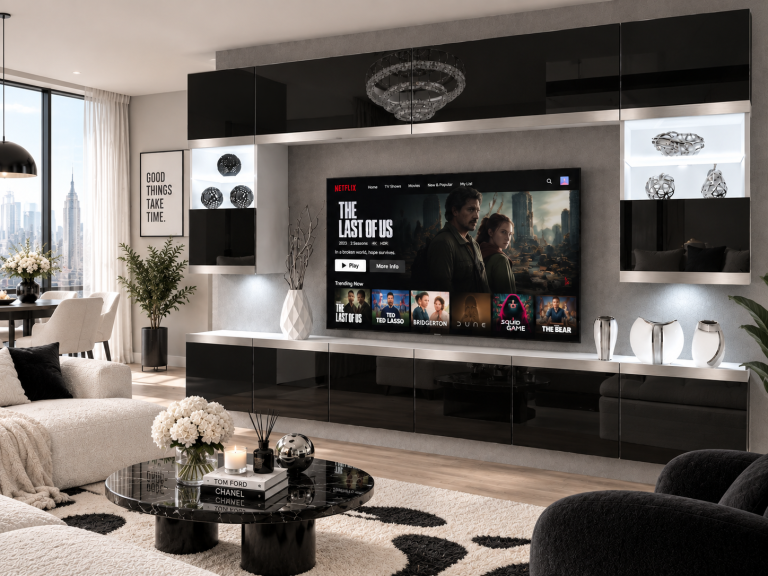Meblościanka Prestige 300 cm TV/RTVczarna połysk Producent IMP P2 Nolan 1/5/W/B/0/0/SL
