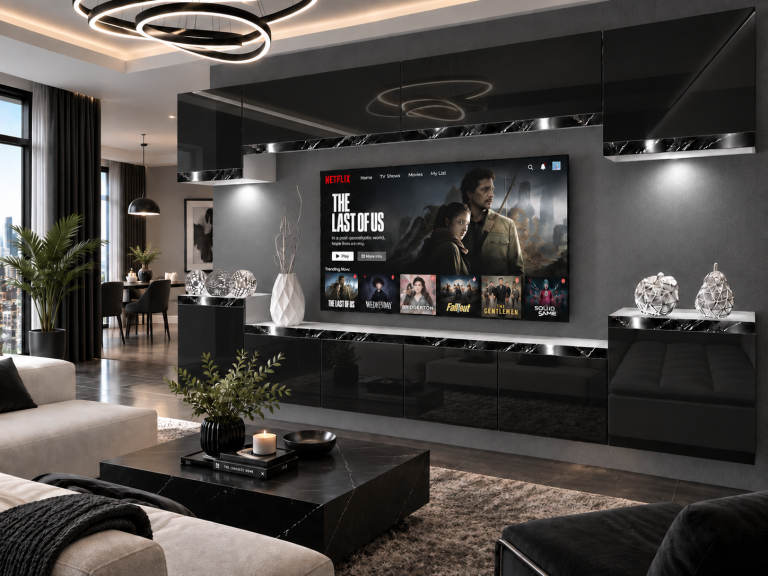 Meblościanka Prestige 300 cm TV/RTV czarna połysk Producent IMP P Hepburn 4/5/W/B/0/0/CS
