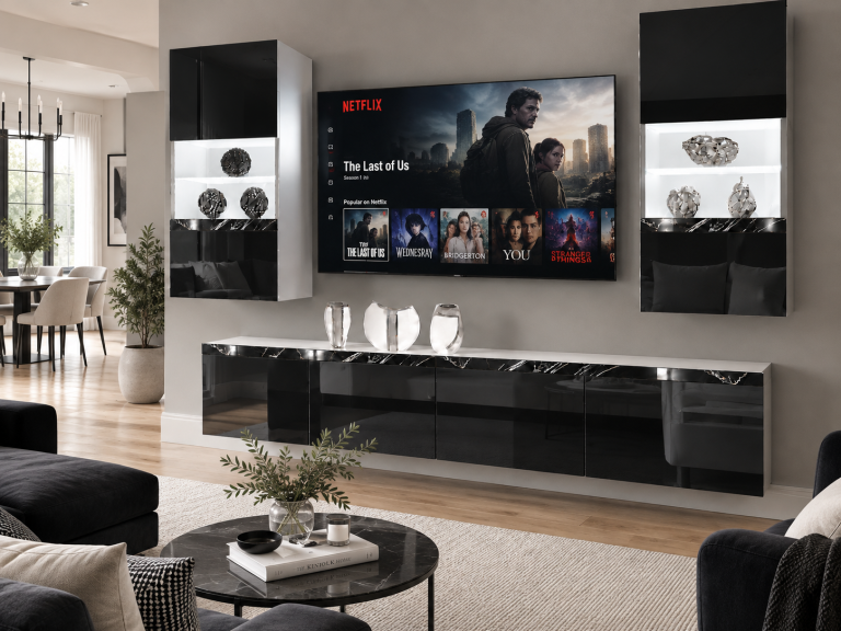 Meblościanka Prestige 200 cm TV/RTV czarna połysk Producent IMP P Keanu 7/5/W/B/0/0/CS