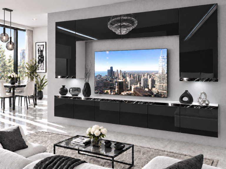Meblościanka Prestige 300 cm TV/RTV czarna połysk Producent IMP P Monroe 2/5/W/B/0/0/CS