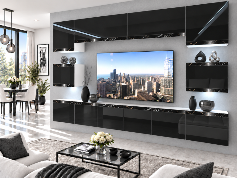 Meblościanka Prestige 300 cm TV/RTV czarna połysk Producent IMP P Tarantino 3/5/W/B/0/0/CS