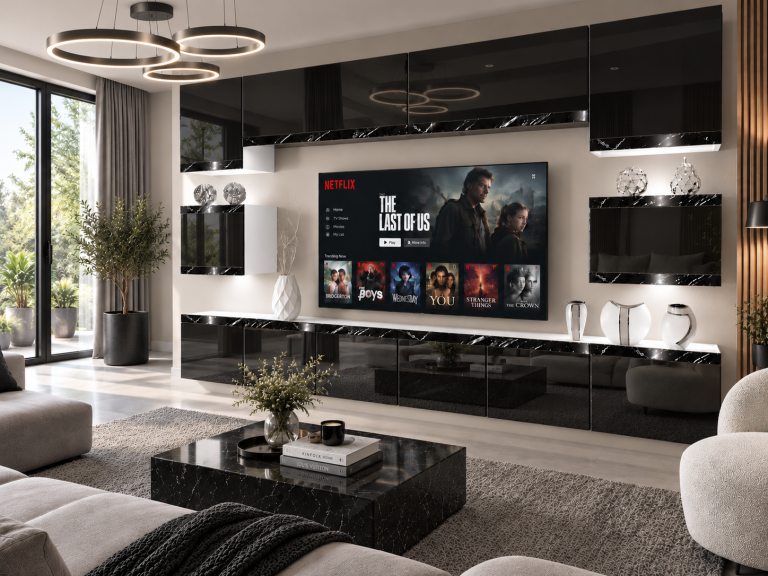 Meblościanka Prestige 300 cm TV/RTV czarna połysk Producent IMP P Tarantino 3/5/W/B/0/0/CS