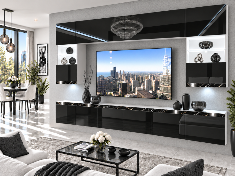 Meblościanka Prestige 300 cm TV/RTVczarna połysk Producent IMP P1 Nolan 1/5/W/B/0/0/CS