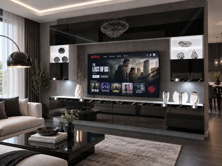 Meblościanka Prestige 300 cm TV/RTVczarna połysk Producent IMP P1 Nolan 1/5/W/B/0/0/CS