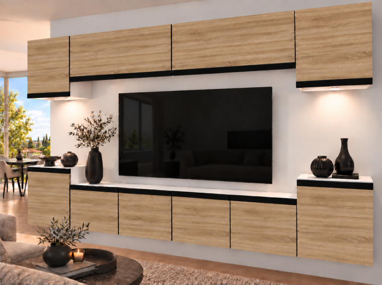 Meblościanka Prestige 300 cm TV/RTV dębowa dąb wotan dąb sonoma Producent IMP P Hepburn 4/5/W/DS/0/0/CM