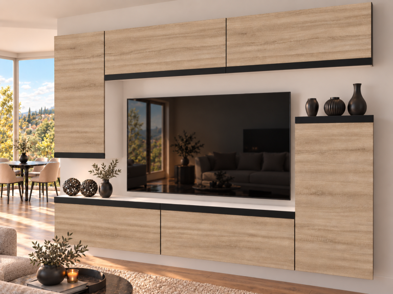 Meblościanka Prestige 250 cm TV/RTV dębowa dąb wotan dąb sonoma Producent IMP P Woody 8/5/W/DS/0/0/CM