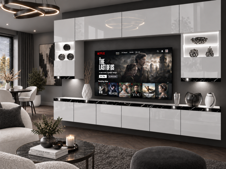Meblościanka Prestige 300 cm TV/RTV biała połysk Producent IMP P1 Nolan 1/5/W/W/0/0/CS