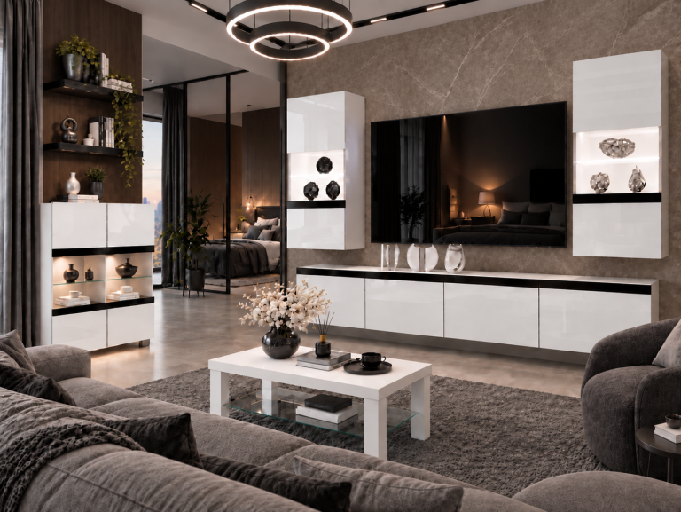 Meblościanka Prestige 200 cm TV/RTV biała połysk Producent IMP P Keanu 7/5/W/W/0/0/CM