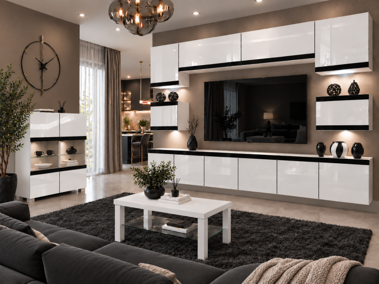 Meblościanka Prestige 300 cm TV/RTV biała połysk Producent IMP P Tarantino 3/5/W/W/0/0/CM