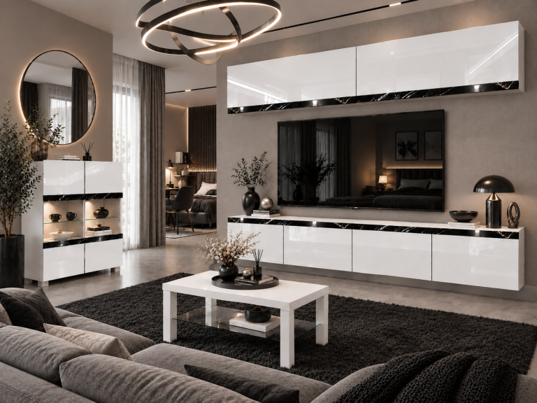Meblościanka Prestige 200 cm TV/RTV biała połysk Producent IMP P Brando 6/5/W/W/0/0/CS
