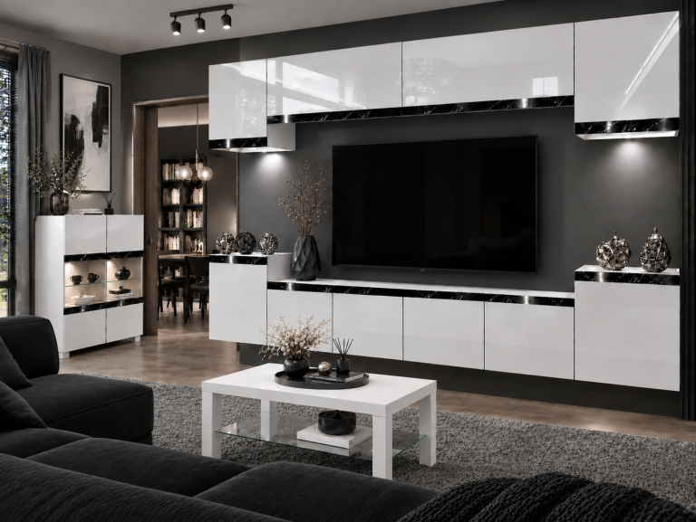 Meblościanka Prestige 300 cm TV/RTV biała połysk Producent IMP P Hepburn 4/5/W/W/0/0/CS