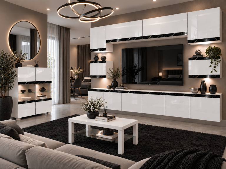 Meblościanka Prestige 300 cm TV/RTV biała połysk Producent IMP P Tarantino 3/5/W/W/0/0/CS