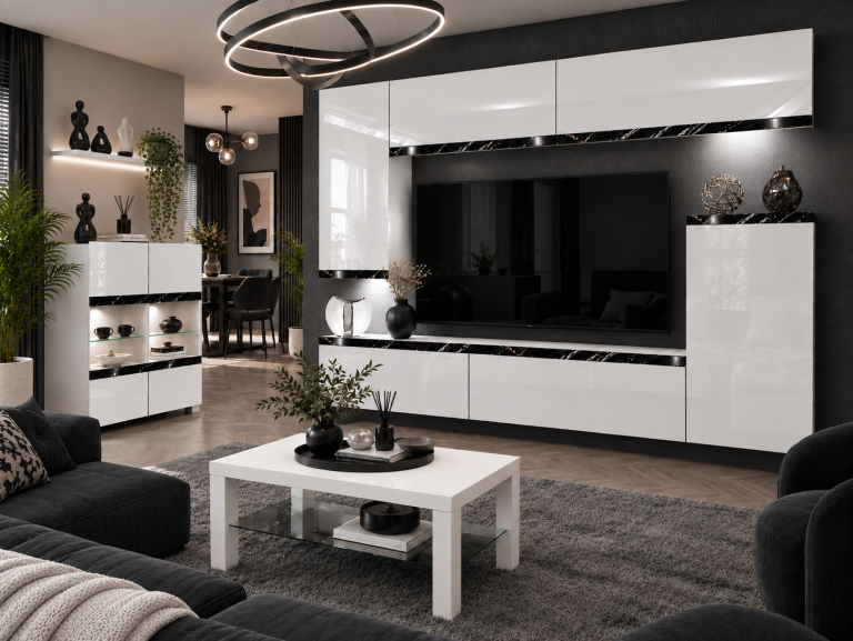 Meblościanka Prestige 250 cm TV/RTV biała połysk Producent IMP P Woody 8/5/W/W/0/0/CS