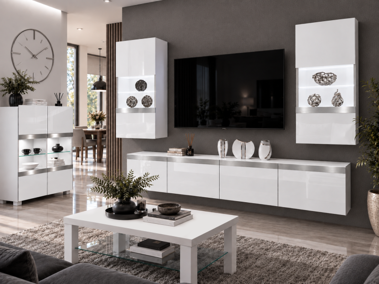 Meblościanka Prestige 200 cm TV/RTV biała połysk Producent IMP P Keanu 7/5/W/W/0/0/SL