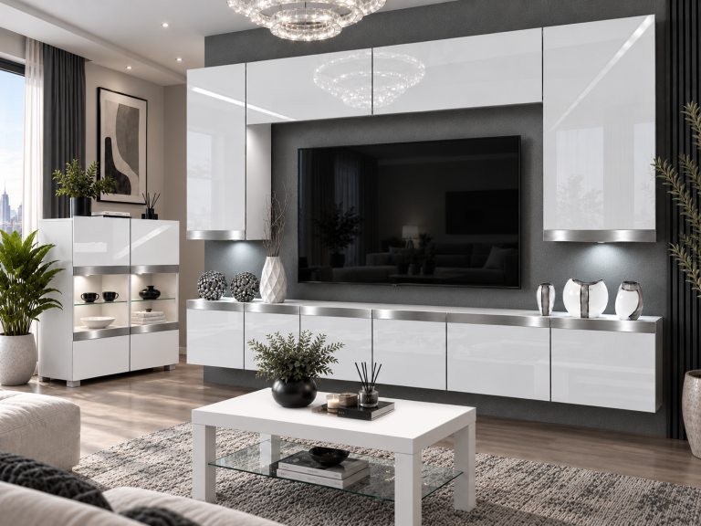 Meblościanka Prestige 300 cm TV/RTV biała połysk Producent IMP P Monroe 2/5/W/W/0/0/SL
