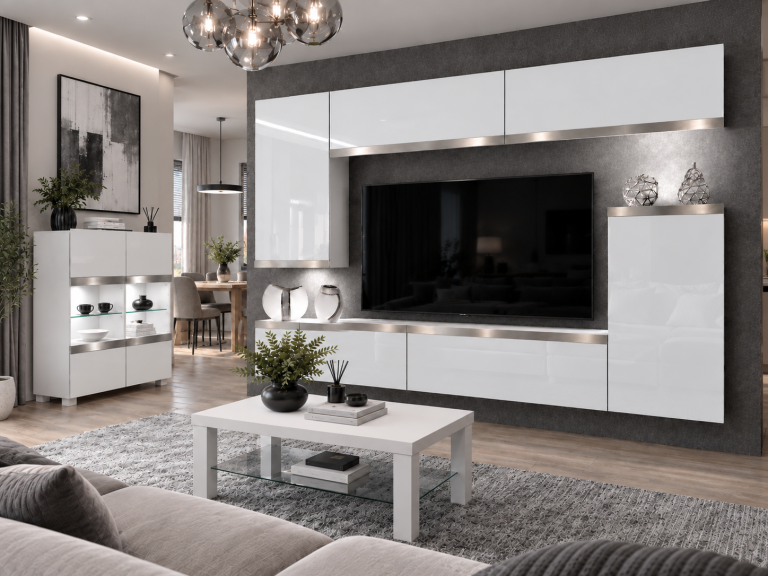Meblościanka Prestige 250 cm TV/RTV biała połysk Producent IMP P Woody 8/5/W/W/0/0/SL