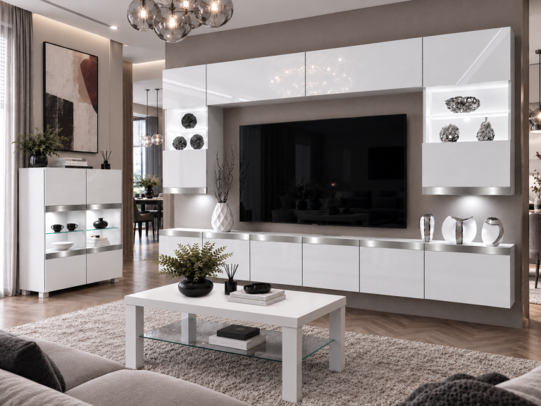 Meblościanka Prestige 300 cm TV/RTV biała połysk Producent IMP P1 Nolan 1/5/W/W/0/0/SL