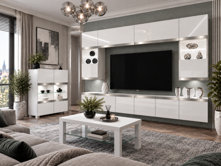 Meblościanka Prestige 300 cm TV/RTV biała połysk Producent IMP P2 Nolan 1/5/W/W/0/0/SL