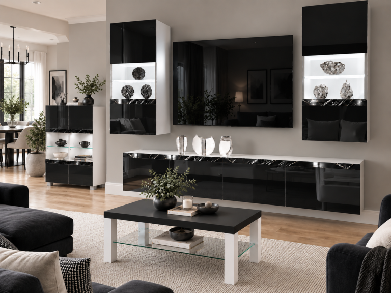 Meblościanka Prestige 200 cm TV/RTV czarna połysk Producent IMP P Keanu 7/5/W/B/0/0/CS