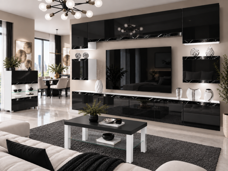Meblościanka Prestige 300 cm TV/RTV czarna połysk Producent IMP P Tarantino 3/5/W/B/0/0/CS