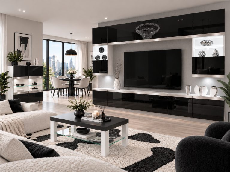 Meblościanka Prestige 300 cm TV/RTVczarna połysk Producent IMP P2 Nolan 1/5/W/B/0/0/SL