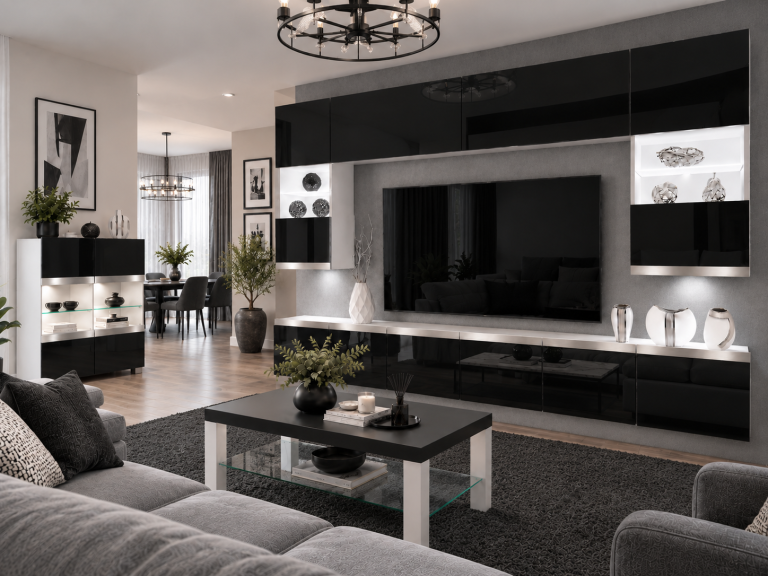 Meblościanka Prestige 300 cm TV/RTVczarna połysk Producent IMP P1 Nolan 1/5/W/B/0/0/SL