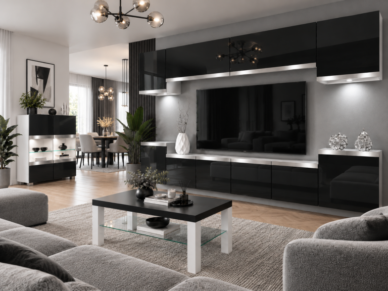 Meblościanka Prestige 300 cm TV/RTV czarna połysk Producent IMP P Hepburn 4/5/W/B/0/0/SL