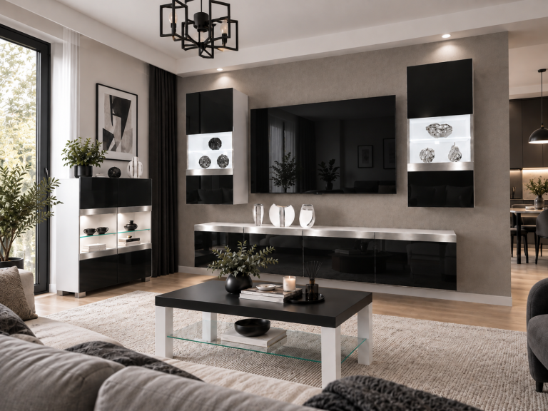 Meblościanka Prestige 200 cm TV/RTV czarna połysk Producent IMP P Keanu 7/5/W/B/0/0/SL