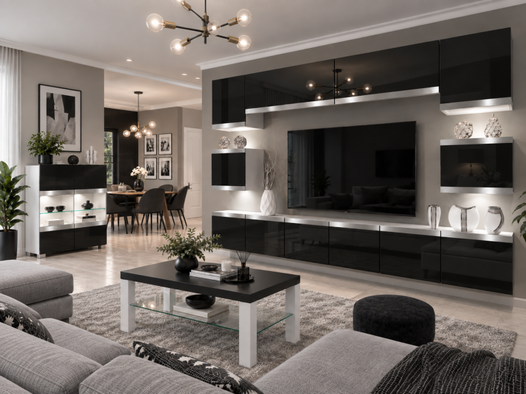 Meblościanka Prestige 300 cm TV/RTV czarna połysk Producent IMP P Tarantino 3/5/W/B/0/0/SL