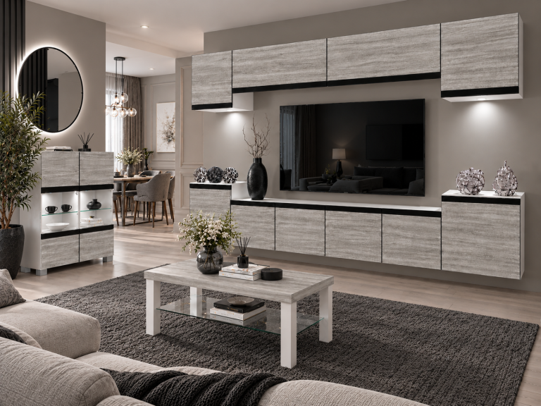 Meblościanka Prestige 300 cm TV/RTV szary antracyt grafitowy Producent IMP P Hepburn 4/5/W/GW1/0/0/CM
