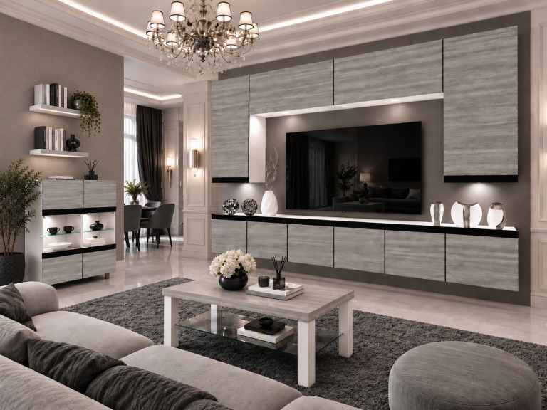 Meblościanka Prestige 300 cm TV/RTV szary antracyt grafitowy Producent IMP P Monroe 2/5/W/GW1/0/0/CM