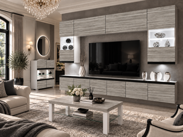 Meblościanka Prestige 300 cm TV/RTV szary antracyt grafitowy Producent IMP P1 Nolan 1/5/W/GW1/0/0/CM