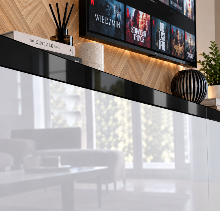 Meblościanka Prestige 300 cm TV/RTV czarna heban Producent IMP P Monroe 2/5/W/HK/0/0/CP