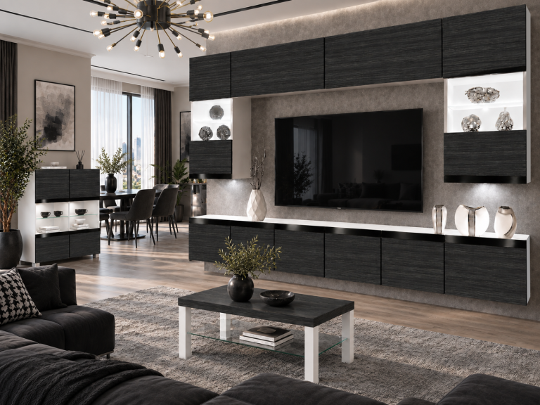 Meblościanka Prestige 300 cm TV/RTV czarna heban Producent IMP P1 Nolan 1/5/W/HK/0/0/CP
