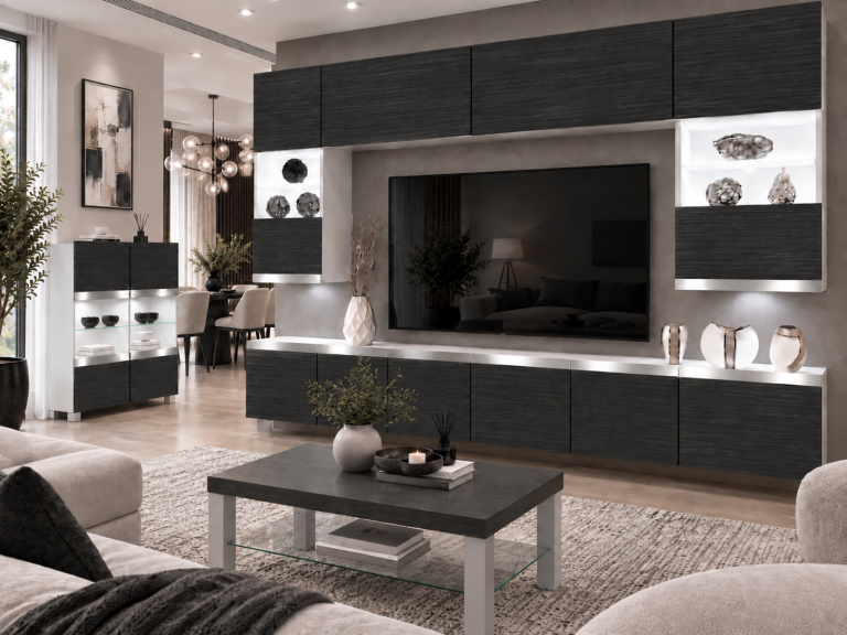 Meblościanka Prestige 300 cm TV/RTV czarna heban Producent IMP P1 Nolan 1/5/W/HK/0/0/SL