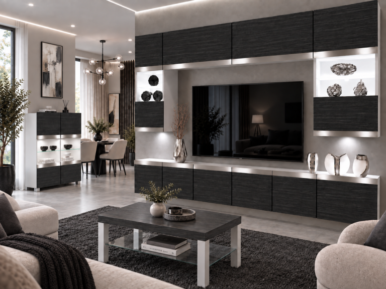 Meblościanka Prestige 300 cm TV/RTV czarna heban Producent IMP P2 Nolan 1/5/W/HK/0/0/SL