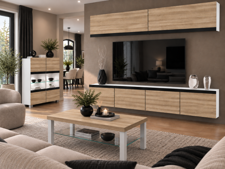 Meblościanka Prestige 200 cm TV/RTV dębowa dąb wotan dąb sonoma Producent IMP P Brando 6/5/W/DS/0/0/CM