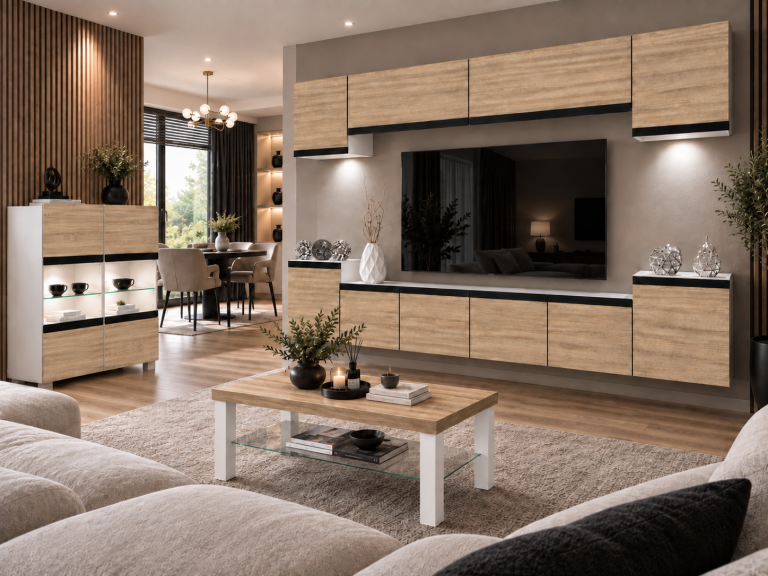 Meblościanka Prestige 300 cm TV/RTV dębowa dąb wotan dąb sonoma Producent IMP P Hepburn 4/5/W/DS/0/0/CM