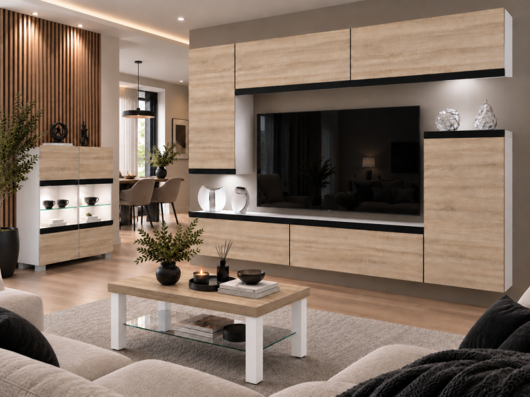 Meblościanka Prestige 250 cm TV/RTV dębowa dąb wotan dąb sonoma Producent IMP P Woody 8/5/W/DS/0/0/CM