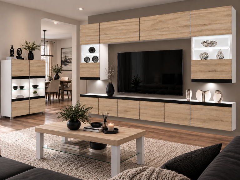 Meblościanka Prestige 300 cm TV/RTV dębowa dąb wotan dąb sonoma Producent IMP P1 Nolan 1/5/W/DS/0/0/CM