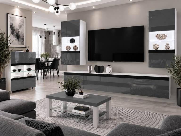 Meblościanka Prestige 200 cm TV/RTV szara połysk Producent IMP P Keanu 7/5/W/S/0/0/CM